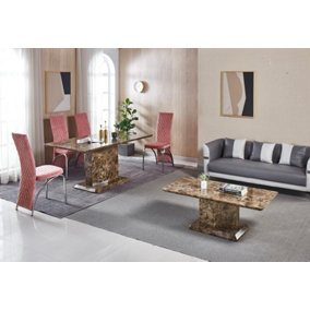 Modernique Brown MDF Marble Effect Dining Table with 4 Pink Velvet Chairs