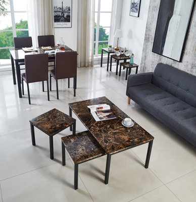 Modernique Brown MDF Marble Effect Top Coffee Table with x2 Side Tables Set