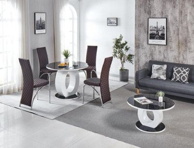 Modernique Giulia Round Black 100 cm Tempered Glass Top White Dining Table with 4 Brown Faux Leather Dining Chairs