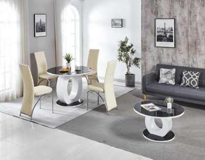 Modernique Giulia Round Black 100 cm Tempered Glass Top White Dining Table with 4 Cream Faux Leather Dining Chairs