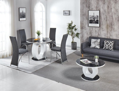 Modernique Giulia Round Black 100 cm Tempered Glass Top White Dining Table with 4 Grey Faux Leather Dining Chairs