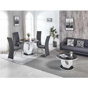 Modernique Giulia Round Black 100 cm Tempered Glass Top White Dining Table with 4 Grey Faux Leather Dining Chairs