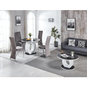 Modernique Giulia Round Black 100 cm Tempered Glass Top White Dining Table with 4 Pink Velvet Dining Chairs