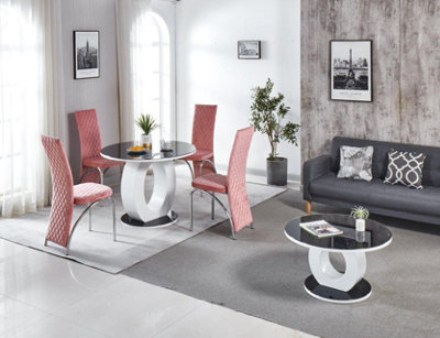 Modernique Giulia Round Black 100 cm Tempered Glass Top White Dining Table with 4 Pink Velvet Dining Chairs