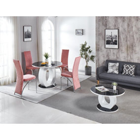 Modernique Giulia Round Black 100 cm Tempered Glass Top White Dining Table with 4 Pink Velvet Dining Chairs