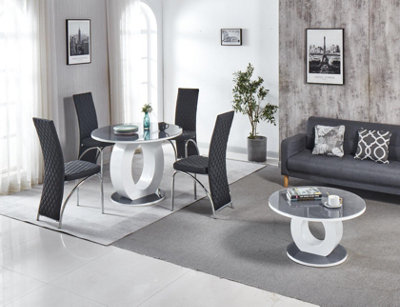 Modernique Giulia Round Grey 100 cm Tempered Glass Top White Dining Table with 4 Black Faux Leather Dining Chairs