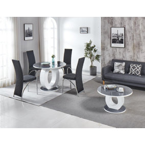 Modernique Giulia Round Grey 100 cm Tempered Glass Top White Dining Table with 4 Black Faux Leather Dining Chairs