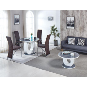 Modernique Giulia Round Grey 100 cm Tempered Glass Top White Dining Table with 4 Brown Faux Leather Dining Chairs