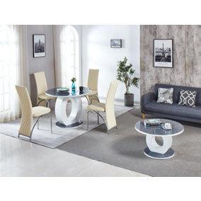Modernique Giulia Round Grey 100 cm Tempered Glass Top White Dining Table with 4 Cream Faux Leather Dining Chairs