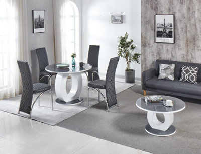 Modernique Giulia Round Grey 100 cm Tempered Glass Top White Dining Table with 4 Grey Faux Leather Dining Chairs