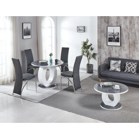 Modernique Giulia Round Grey 100 cm Tempered Glass Top White Dining Table with 4 Grey Faux Leather Dining Chairs