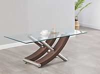 Modernique Nuovo Coffee Table, Tempered Clear Glass Top with Cross Leg in Brown