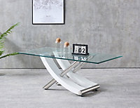 Modernique Nuovo Coffee Table, Tempered Clear Glass Top with Cross Leg in Gloss White