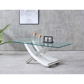 Modernique Nuovo Coffee Table, Tempered Clear Glass Top with Cross Leg in Gloss White