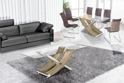 Modernique Nuovo Coffee Table, Tempered Clear Glass Top with Cross Leg in Oak