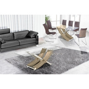 Modernique Nuovo Coffee Table, Tempered Clear Glass Top with Cross Leg in Oak