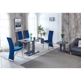 Modernique Rocco Grey Gloss Finish MDF Dining Table with 4 Blue Velvet Dining Chairs