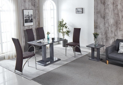 Modernique Rocco Grey Gloss Finish MDF Dining Table with 4 Brown Faux Leather Dining Chairs