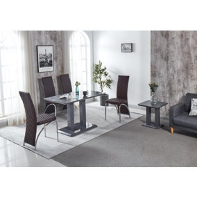 Modernique Rocco Grey Gloss Finish MDF Dining Table with 4 Brown Faux Leather Dining Chairs