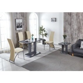 Modernique Rocco Grey Gloss Finish MDF Dining Table with 4 Cream Faux Leather Dining Chairs
