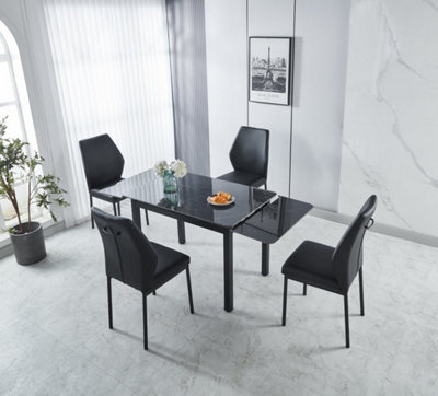 Modernique Sintere Stone Top Extending Dining Table Set with 4 Faux Leather Chairs, Stone Effect & Metal Frame