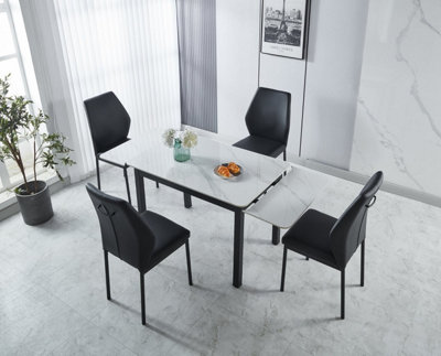 Modernique Sintere Stone Top Extending Dining Table Set with 4 Faux Leather Chairs, Stone Effect & Metal Frame