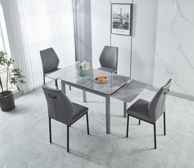 Modernique Sintere Stone Top Extending Dining Table Set with 4 Faux Leather Chairs, Stone Effect & Metal Frame