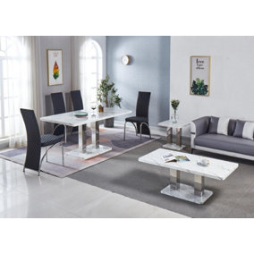 Modernique White MDF Marble Effect Dining Table with 4 Black Faux Leather Chairs