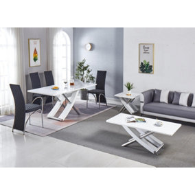 Modernique White MDF Marble Effect Dining Table with 4 Black Faux Leather Chairs