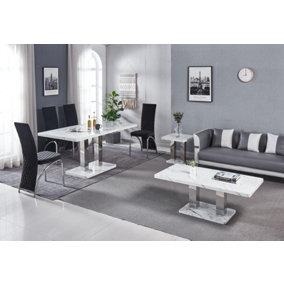 Modernique White MDF Marble Effect Dining Table with 4 Black Velvet Chairs