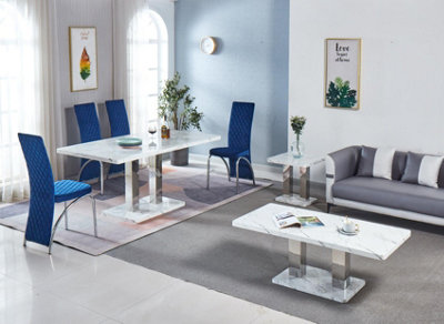 Modernique White MDF Marble Effect Dining Table with 4 Blue Velvet Chairs