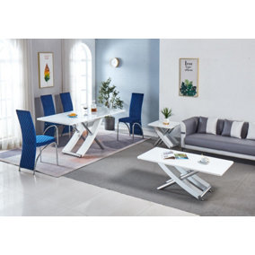Modernique White MDF Marble Effect Dining Table with 4 Blue Velvet Chairs