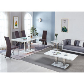 Modernique White MDF Marble Effect Dining Table with 4 Brown Faux Leather Chairs
