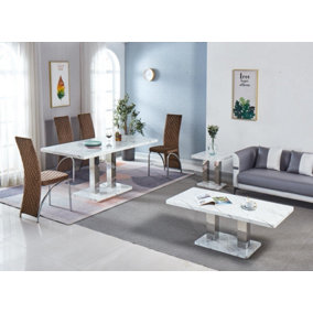 Modernique White MDF Marble Effect Dining Table with 4 Brown Velvet Chairs