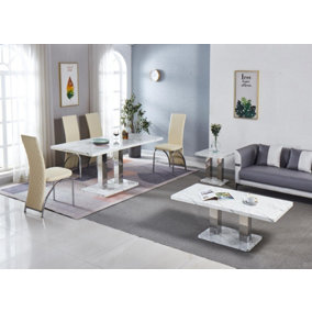 Modernique White MDF Marble Effect Dining Table with 4 Cream Faux Leather Chairs