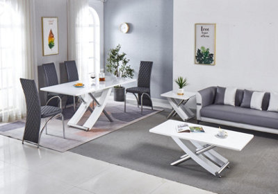 Modernique White MDF Marble Effect Dining Table with 4 Grey Faux Leather Chairs