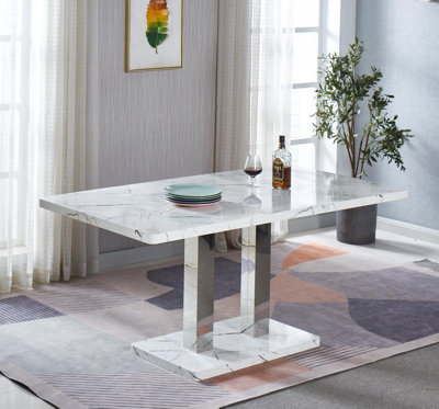 Modernique White MDF Marble Effect Dining Table with 4 Grey Velvet Chairs