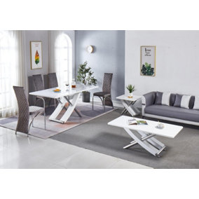 Modernique White MDF Marble Effect Dining Table with 4 Grey Velvet Chairs