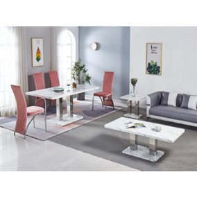 Modernique White MDF Marble Effect Dining Table with 4 Pink Velvet Chairs