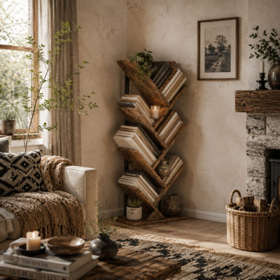 Modo Wood 6-Section Tree Style Bookcase, Wood-Effect Shelves with Black ...