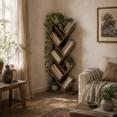 Modo Wood 6-Section Tree Style Bookcase, Wood-Effect Shelves with Black ...