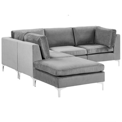 Modular Corner Sofa 4 Seater EVJA Velvet Grey with Ottoman Right Hand
