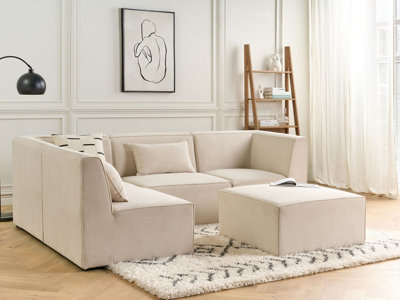 Modular Corner Sofa 4 Seater LEMVIG Corduroy Light Beige with Ottoman ...