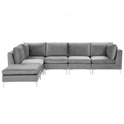 Modular Corner Sofa 5 Seater EVJA Velvet Grey with Ottoman Right Hand