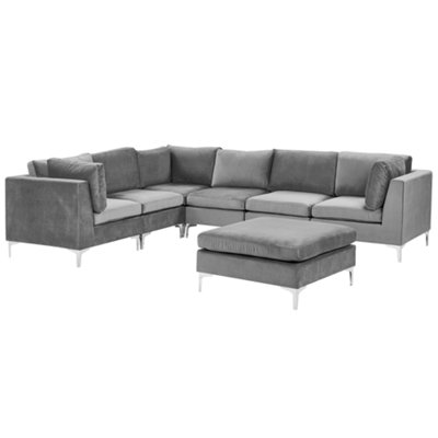 Modular Corner Sofa 6 Seater EVJA Velvet Grey with Ottoman Right Hand