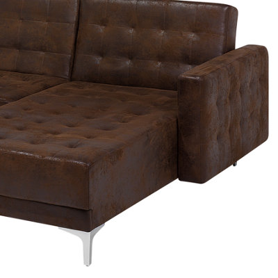 Modular Corner Sofa Bed 4 Seater ABERDEEN Faux Leather Brown Left Hand