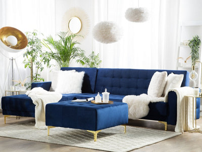 Modular Corner Sofa Bed 4 Seater ABERDEEN Velvet Navy Blue with Ottoman ...