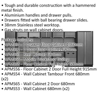 Modular Garage Storage System - 4915 x 460 x 2000mm - Stainless Steel Worktop