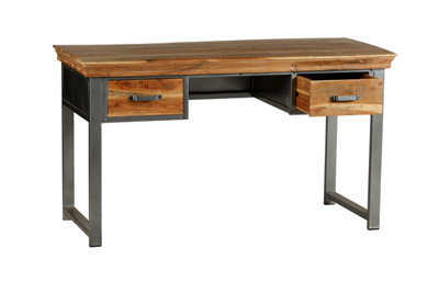 Moe Industrial Reclaimed Metal And Wood 2 Drawer Writing Desk