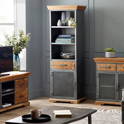 Moe Industrial Wood & Metal Grey Narrow Bookcase